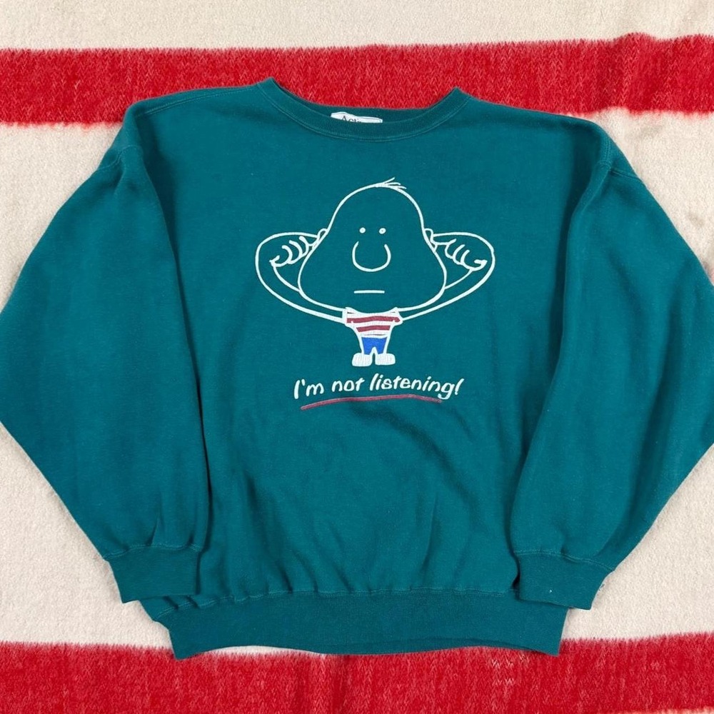 Vintage 90s Active Essentials Im Not Listening Funny Graphic Sweatshirt XL Green